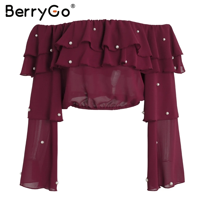 BerryGo блузка с рюшами рубашка женская жемчужная длинным рукавом обрезанная летняя