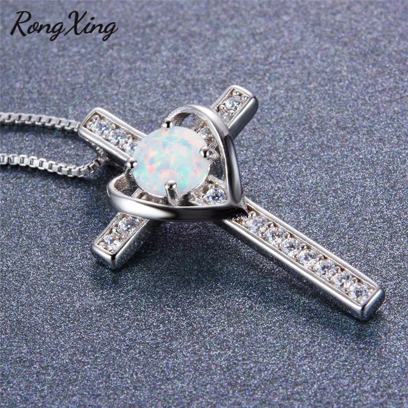RongXing Silver Color White Fire Round Opal Cross Pendants Necklaces for Women Fashion Heart Gift NL0120 | Украшения и аксессуары