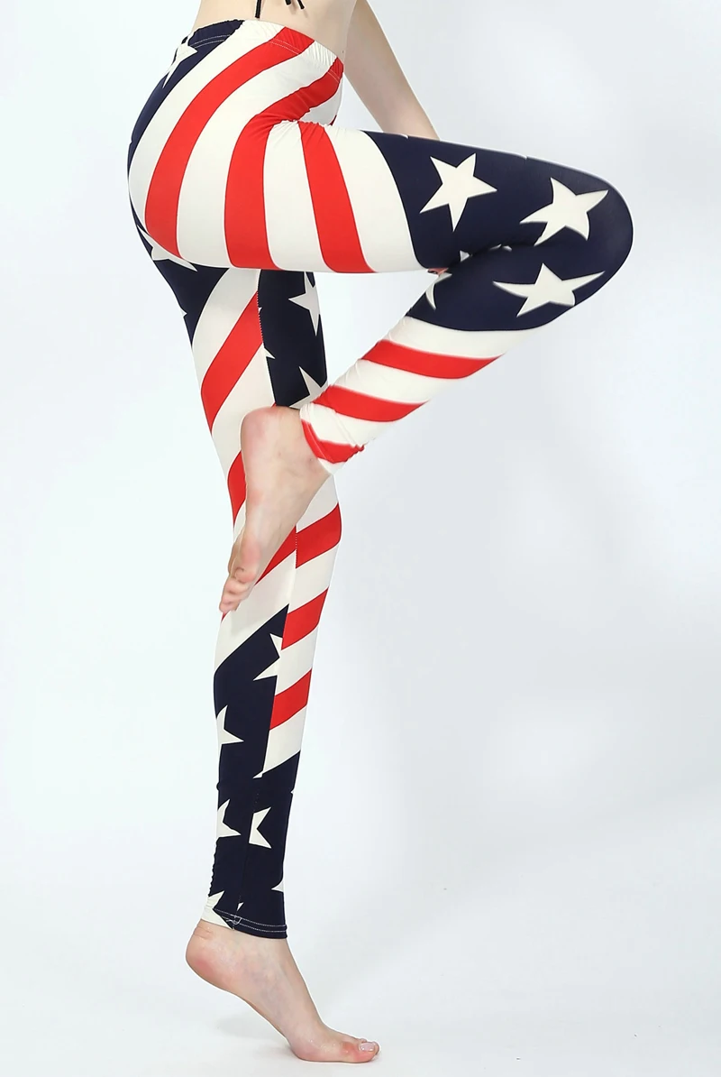 Женские леггинсы в красно-белую полоску с пентаграммой американским флагом