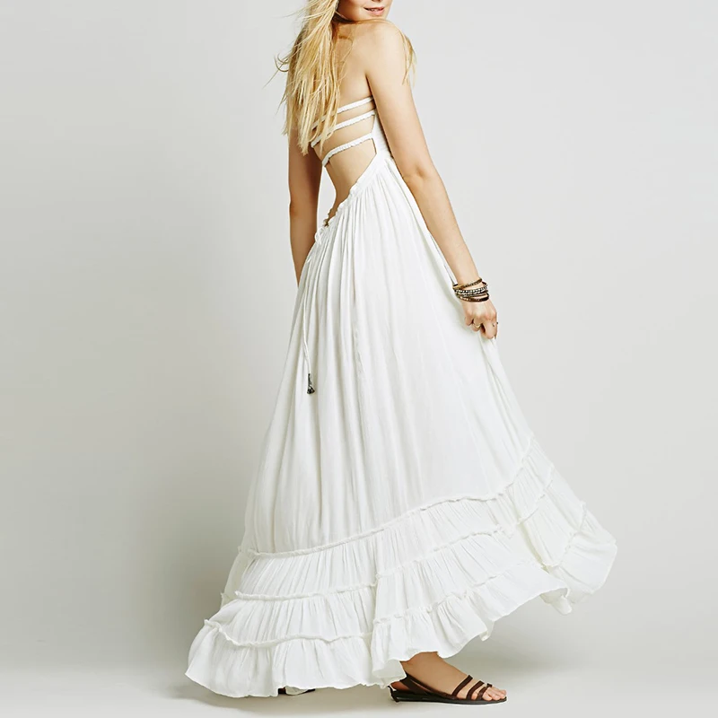 

Sexy Halter Dress Sleeveless Backless Maxi Dress Vogue Vintage Bohemian Women Long Beach Dresses Boho Layer Ruffle Vestidos