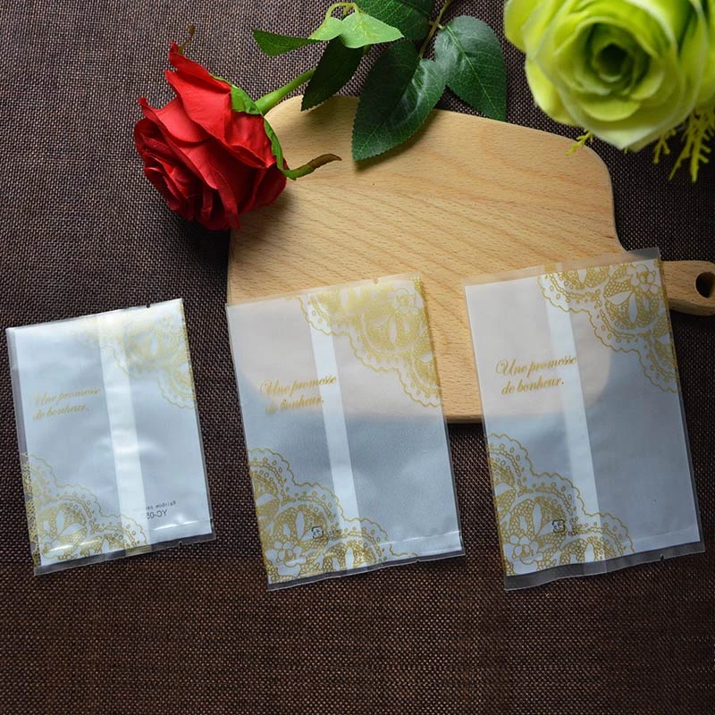 

300pcs- 7*10/10*12/11*15/12*16cm Heat Seal Frost Matte Plastic Pouch Open Top Gold lace Cake Biscuit Packaging bag