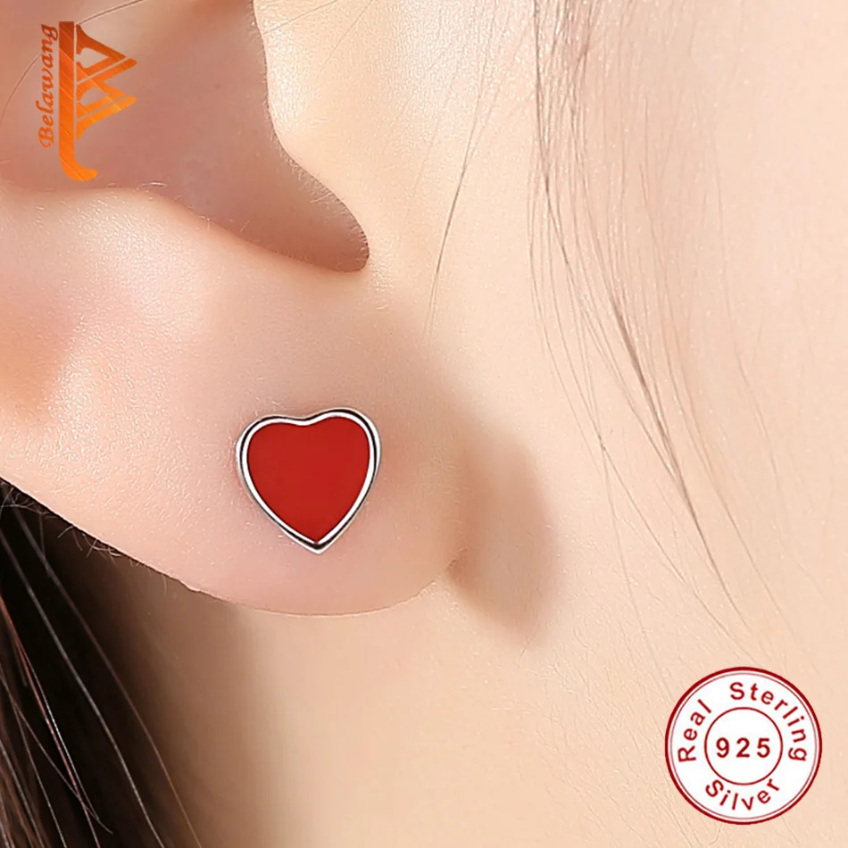 Новый 925 серьги гвоздики из стерлингового серебра в виде сердечек с красной