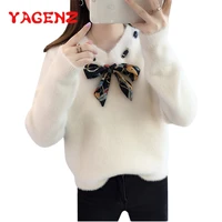 yagenz long sleeve mohair women knit sweater knotted decoration v neck casual women sweater autumn campus pullovers sweaters 155