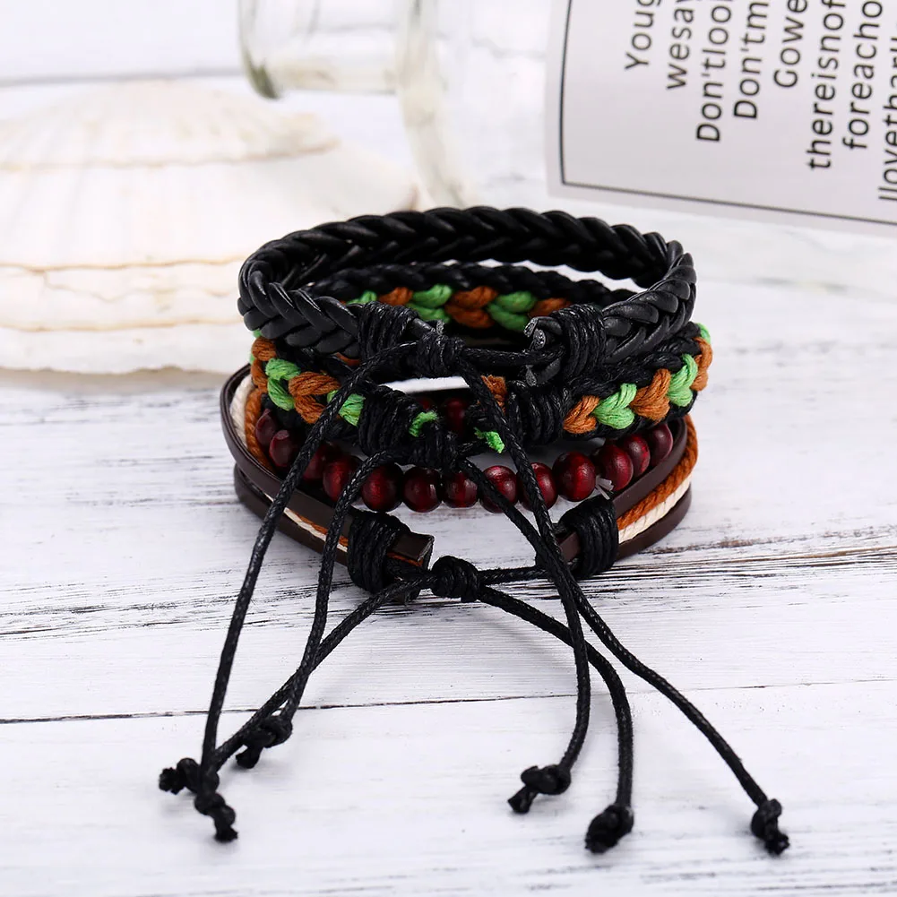 4 Pcs/Set Men Multilayer Adjustable Wood Beads Bracelets Leather Braided Bangle M8694 | Украшения и аксессуары