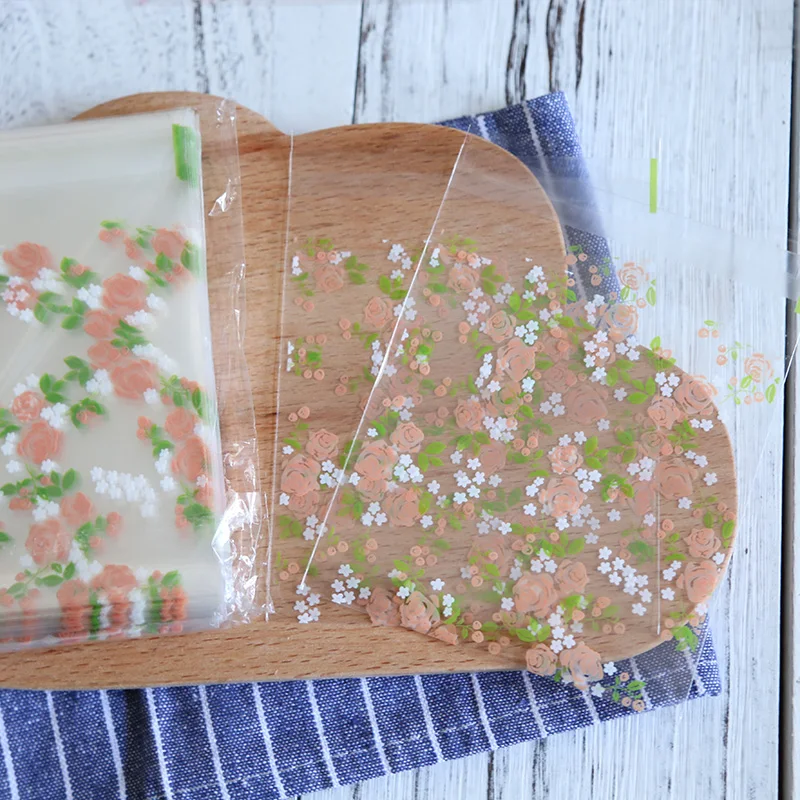100 pcs Rose flower 7 x 7cm adhesive cookies diy Gift Bags for Christmas birthday Party Candy Food&ampHandmade soap Packaging bags | Дом и сад