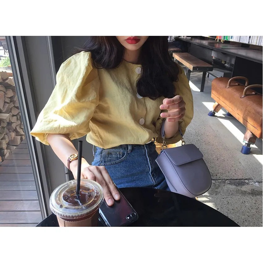 Summer 2019 New Vintage Puff Sleeve Casual Top Yellow O Neck Office Blouse Single Breasted Elegant Shirts |