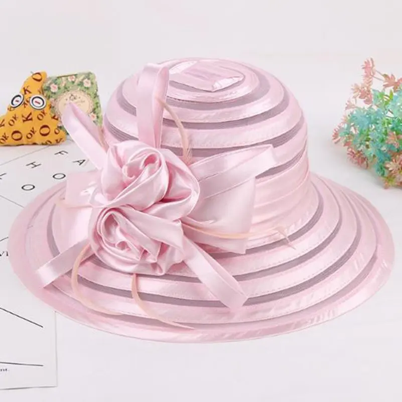 Pink Новые модные женские летние шляпы из органзы с широкими полями и большим цветком, Шляпа Fedora, элегантный свадебный церковный вечерние шляпы - Цвет: Pink