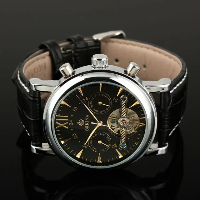 Мг. Часы мужские механические с автоматической индикацией даты и кожаным