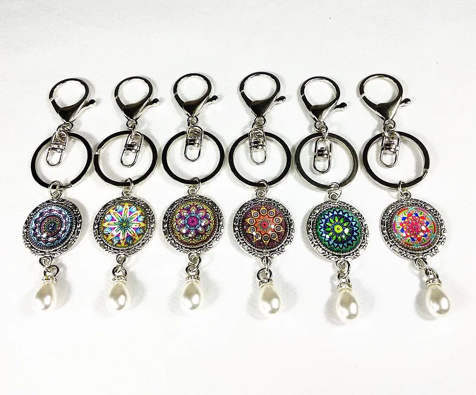 

12 шт./лот бандана брелки мандала цветок кольцо для ключей буддизм дзен картина стеклянная подвеска для ключей Пряжка ручной работы ювелирны...