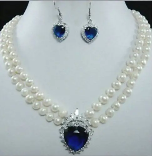 

FREE Shipping 2row 7-8mm white freshwater pearl necklace blue Heart Crystal A+