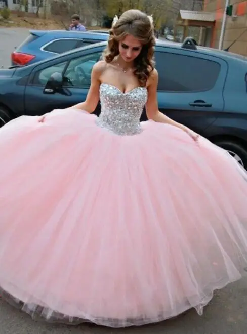 

Розовые пышные дешевые платья Quinceanera, бальное платье, милое Тюлевое платье с бисером и кристаллами, милые 16 платьев
