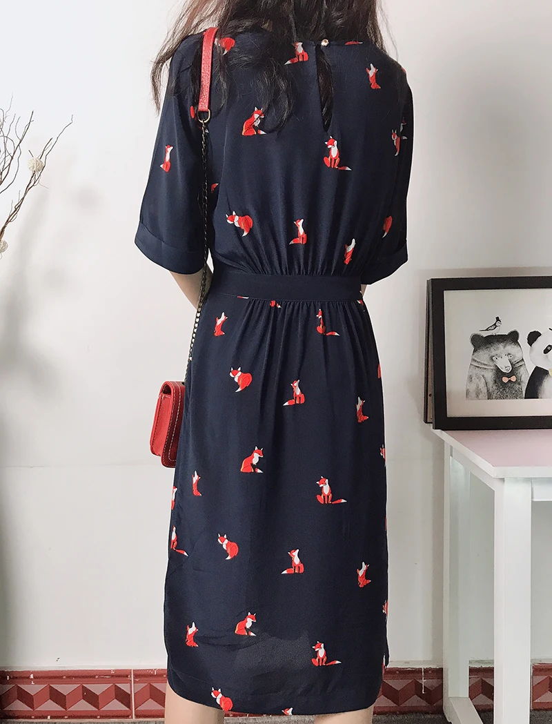 Летнее шелковое платье миди с принтом лисы женская футболка 2019 длинное
