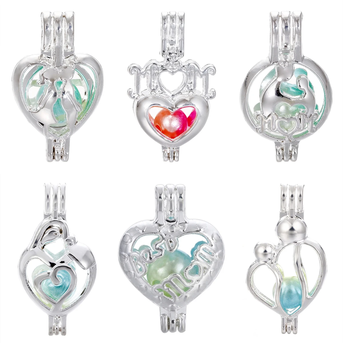 5 шт. яркий серебряный кулон в виде сердца матери жемчужная клетка медальон для