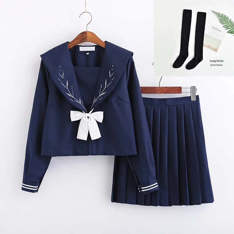 Long Set With Socks UPHYD Цветочная вышивка японский JK набор для девочек студенческая школа для женщин Новинка матросские Костюмы для девочек косплей униформа - Цвет: Long Set With Socks