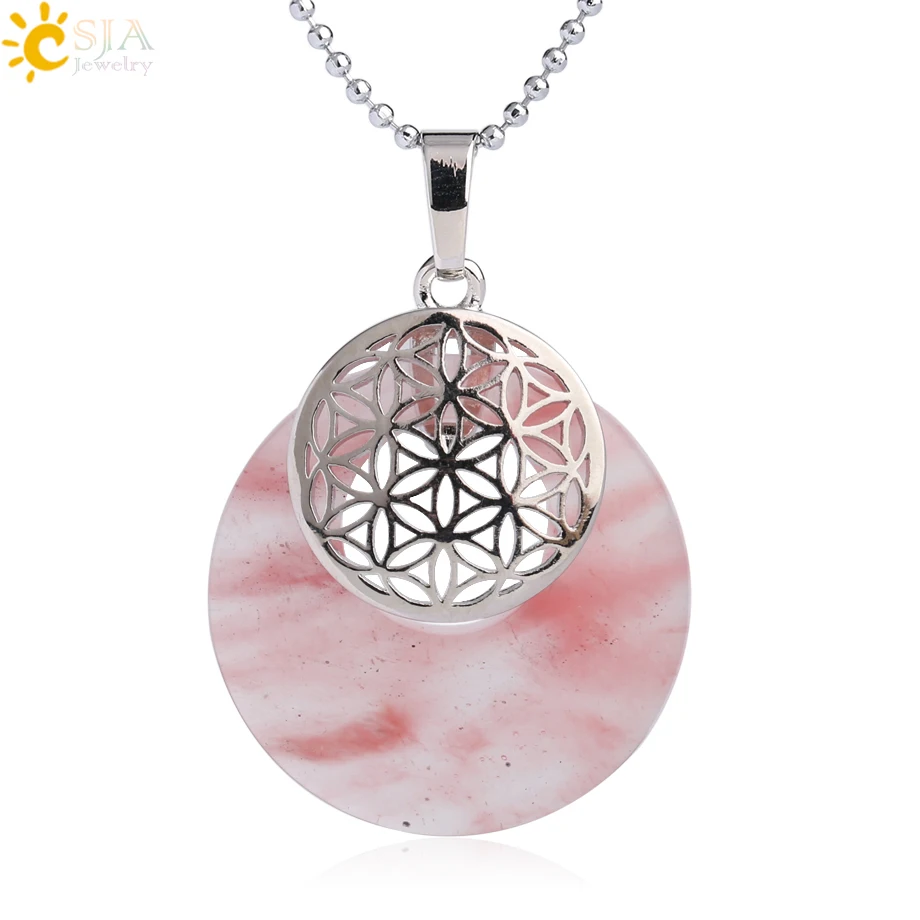 Watermelon Crystal CSJA натуральный камень кулон цветок жизни ожерелье рейки амулеты выдалбливают круг Подвески подходят для женщин мужчин Шарм ювелирные изделия G052 - Окраска металла: Watermelon Crystal