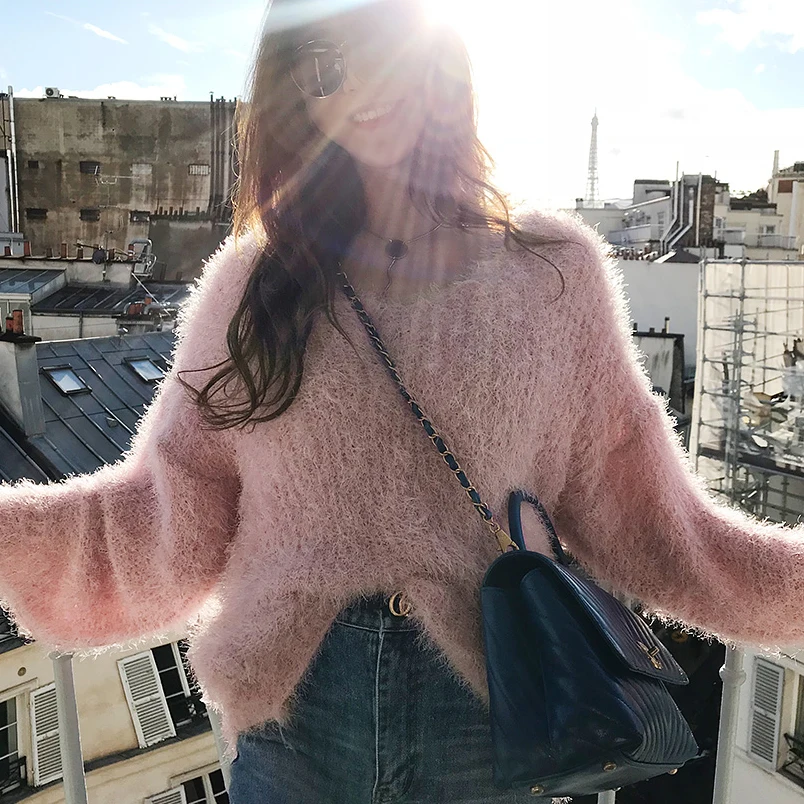 Women Sweaters and Pullovers 2019 Winter Mohair Warm Oversized Sweater V Neck Knitted Pull Femme Jumper | Женская одежда