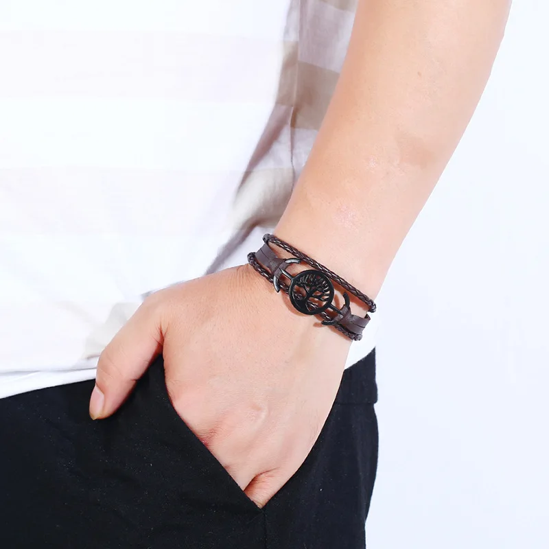 Punk Vintage Multilayer Charms Leather Bracelet Tree of Life Woven Casual Bangle Wristbands Fashion Men Women Handmade Jewelry | Украшения