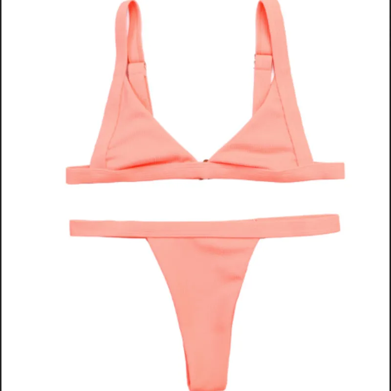 Розовый Womens Triangle Bikini Set Solid Color Stretch Slim Swimwear Swimsuit Push Up Padded High Waist Bottom Beach Bathing Suit - Цвет: Розовый