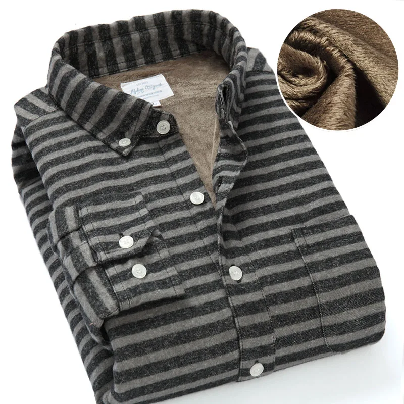 

100% Sanding Cotton Striped Winter Warm Thick Shirt Long Sleeves Casual Pure Cotton Oxford Fleece Shirt Top Quality