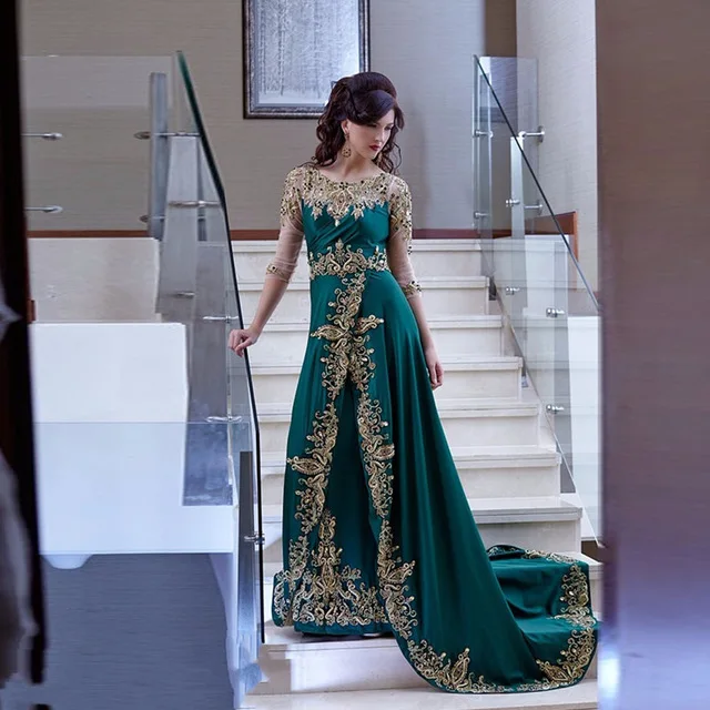 Зеленый Vestido de noiva Арабский Кафтан Изумрудное вечернее платье платья удлиненный полурукав Золотые Аппликации Выпускные вечерние платья торжественное платье - Цвет: Зеленый