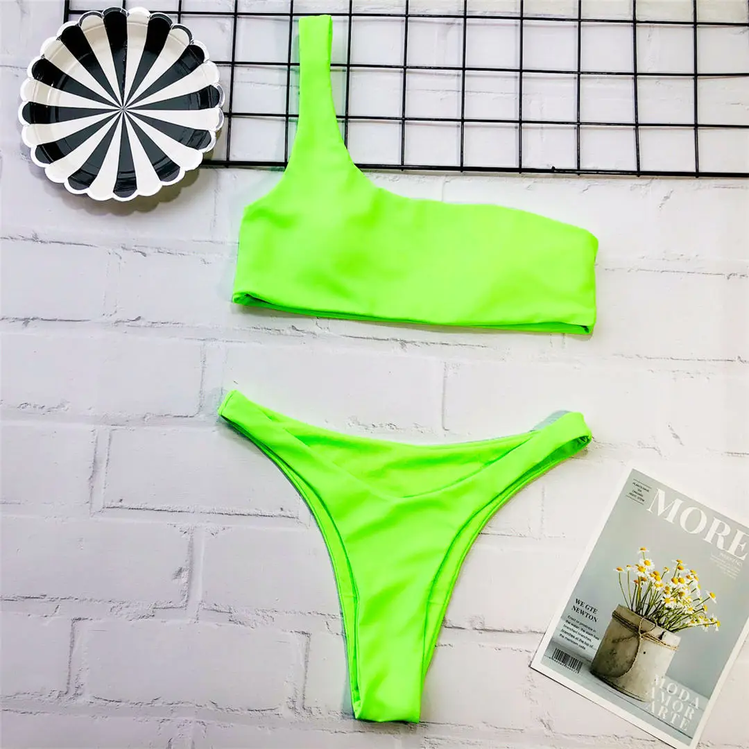 Neon Green Бикини, на одно плечо, купальник, женская одежда для плавания, Женский комплект бикини из двух частей, с высокой посадкой, купальник, купальный костюм, одежда для плавания, V1560 - Цвет: Neon Green
