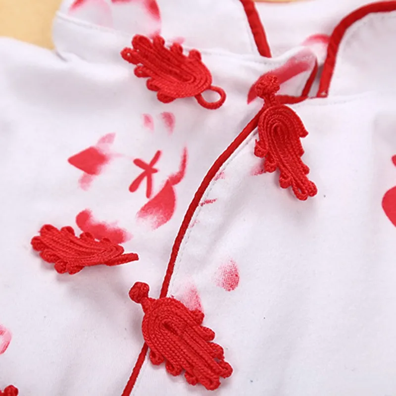 

New Chinese Style Cheongsam Baby Bodysuit Jumper Bodysuit Girl Summer Clothing Flower Printing Tights Triangle Climbing Clothes