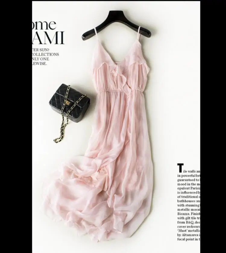 Женское длинное шелковое платье элегантное пляжное розовое из 100% шелка с V