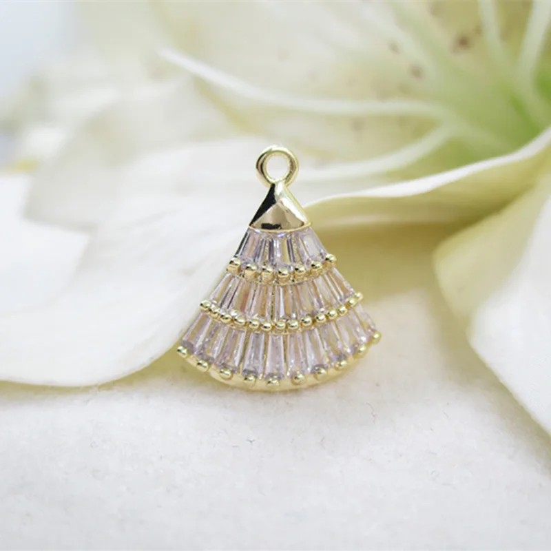 

K color Gold color inlaid zircon brass fan Pendants Hollow golden small Charms for making Jewelry accessories 15*18mm 2pcs