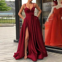 2022 backless satin split evening dresses long party gown spaghetti straps vestido de festa sweetheart burgundy prom dresses