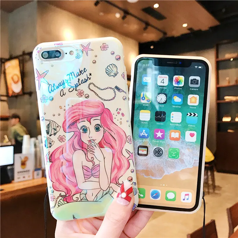 For iPhone 7 7plus princess Ariel / jasmine phone Cases iphone X 6 6s 6plus 8 8Plus Blue ray soft back cover + strap |