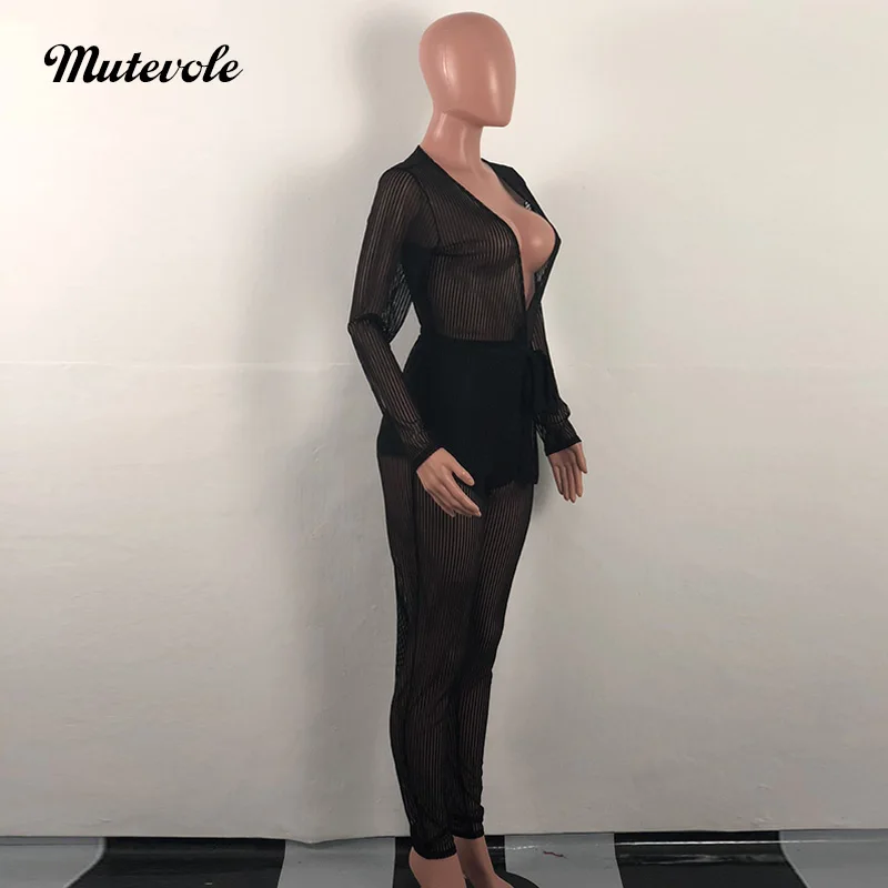 Mutevole Long Sleeve See Through Jumpsuit Women Deep V Neck Sexy Black Mesh Ribbed Transparent Elegant Party Jumpsuits Женская одежда