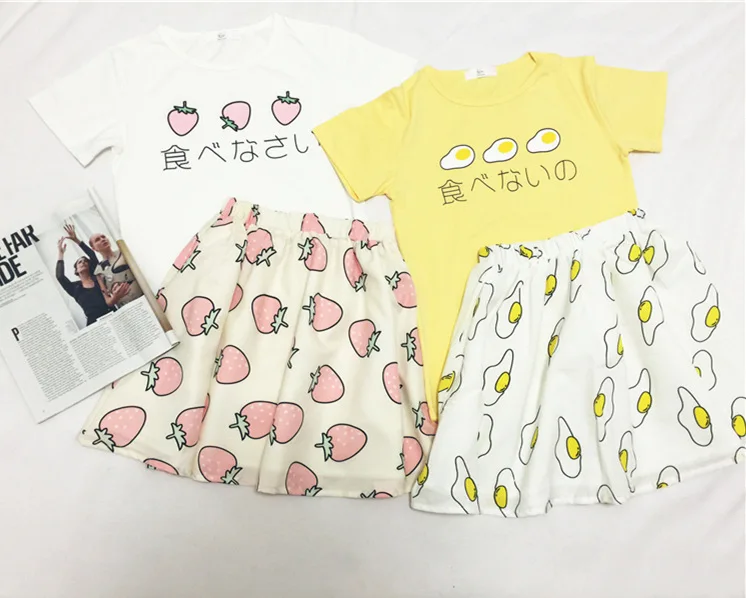 2016 летние японские HARAJUKU яйца клубника печатные футболка Kawaii женские с коротким