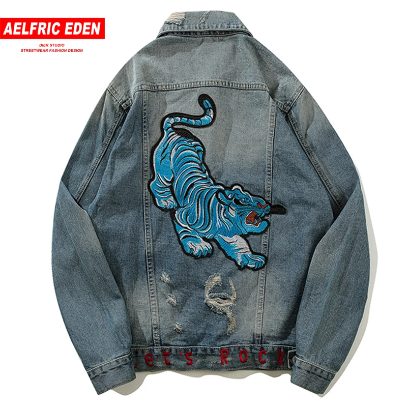 Aelfric Eden тигр вышитые джинсы Бейсбол куртка 2018 хип-хоп мужские джинсовая