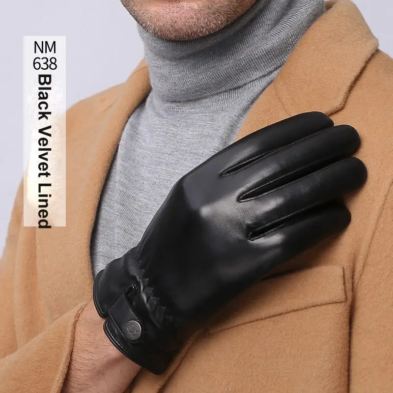 NM182 Black Новые перчатки из натуральной кожи, мужские зимние теплые плюшевые перчатки с подкладкой из овчины, модные черные перчатки с пряжкой на запястье, варежки для вождения NM182 - Цвет: NM182 Black