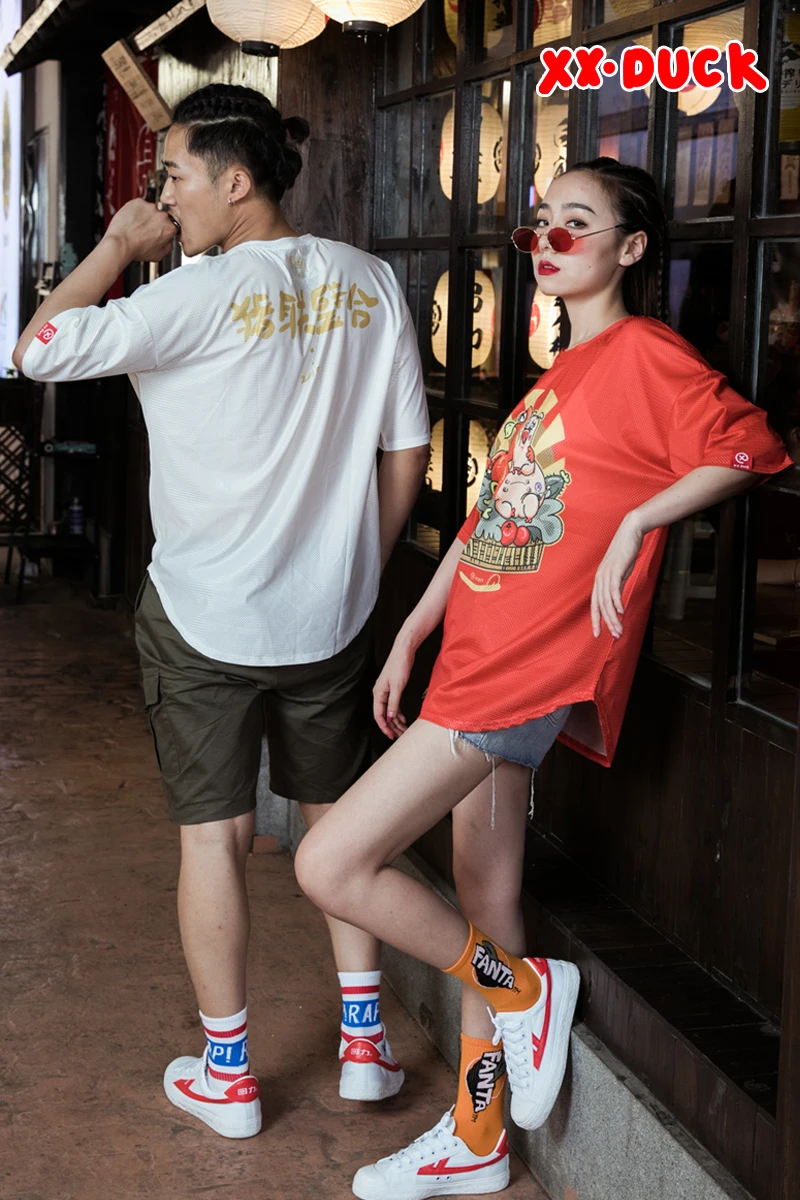 

XXDUCK popular logo loose T-shirt red versatile fashion short sleeve cartoon X duck breathable mesh top new couple