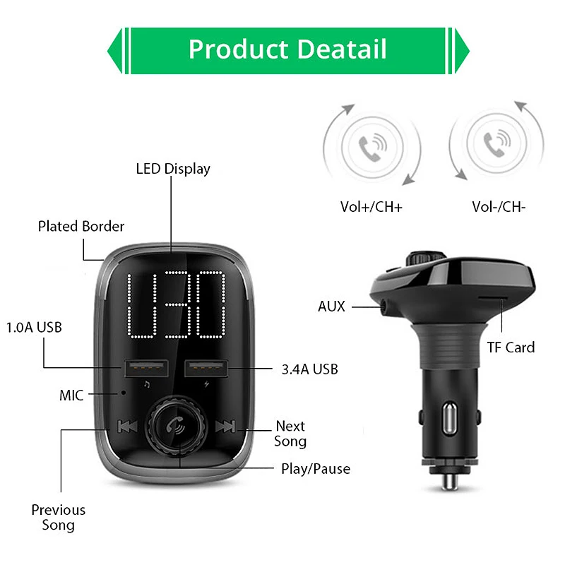Bt74 Bluetooth Car Kit Fm Transmitter Mp3 Player Dual Usb Port Charger 3.4A Fast Voltage Detection Sd Card | Электроника