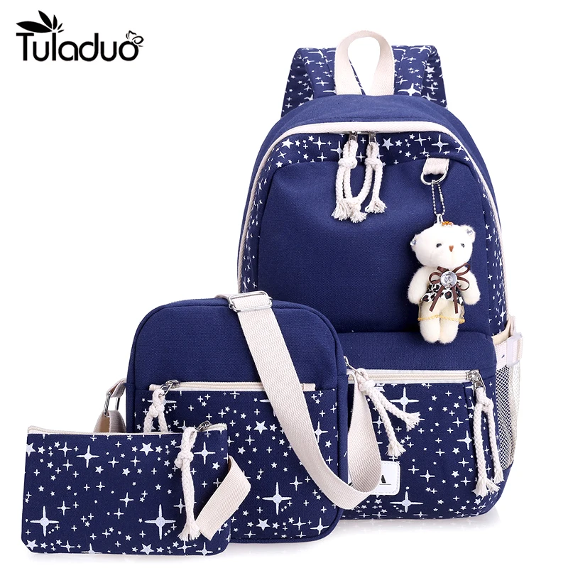 Модный женский холщовый рюкзак из 3 предметов школьный ранец для девочек