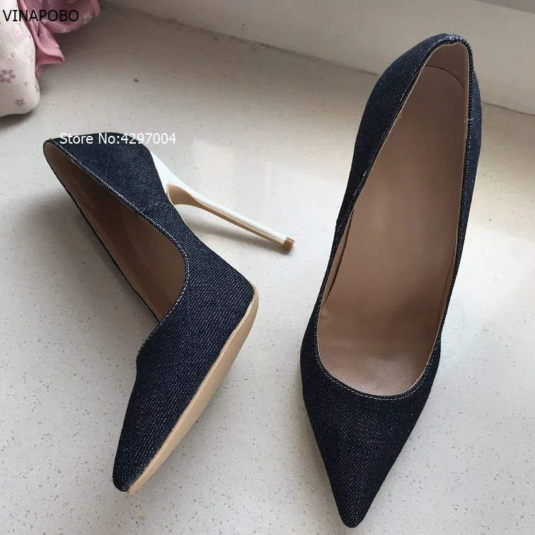 Туфли-лодочки женские джинсовые с острым носком на высоком каблуке-шпильке |