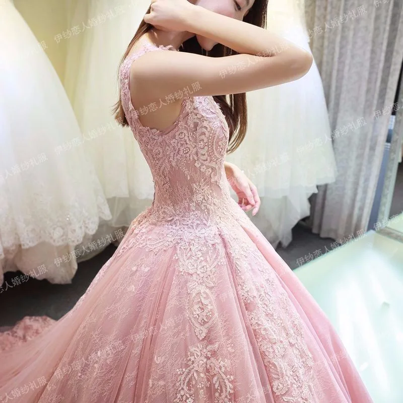 Vestido de Noiva/2021 Robe De Mariee Розовое свадебное платье принцессы без рукавов Кружевное