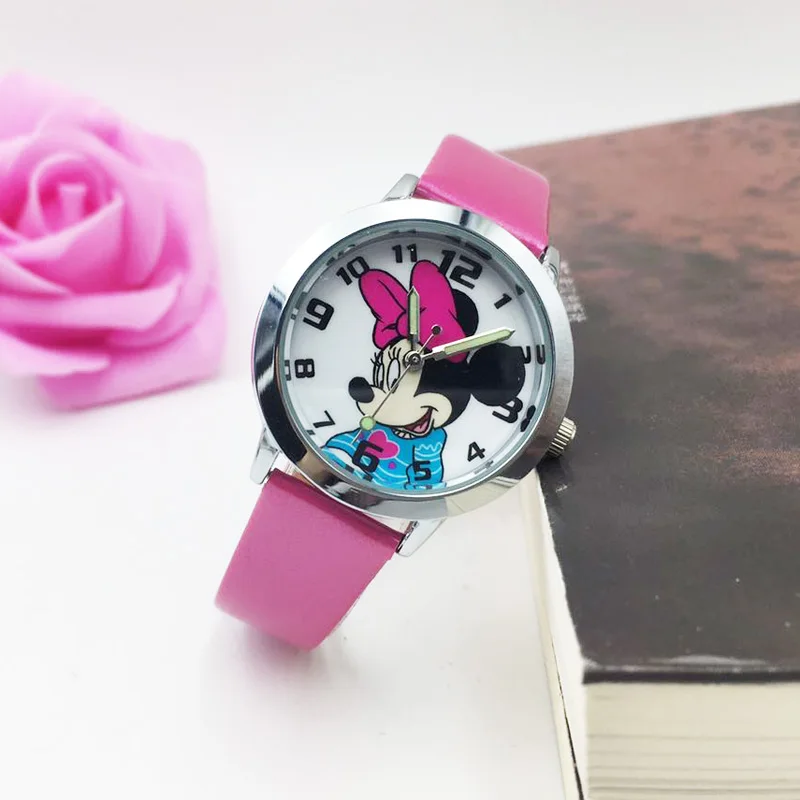Mickey 7 Мультфильм часы с изображением мыши для детей девочек Студенческие Кварцевые наручные часы PU Кожаный ремешок светящиеся руки наручные часы - Цвет: Mickey 7