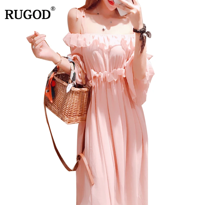 RUGOD 2018 Новое элегантное розовое пляжное платье с рюшами женское Модное шифоновое