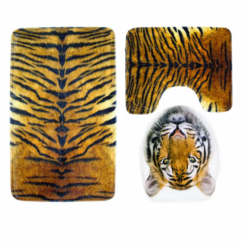 1 Набор Противоскользящий коврик для ванной комнаты + крышка унитаза тигровый