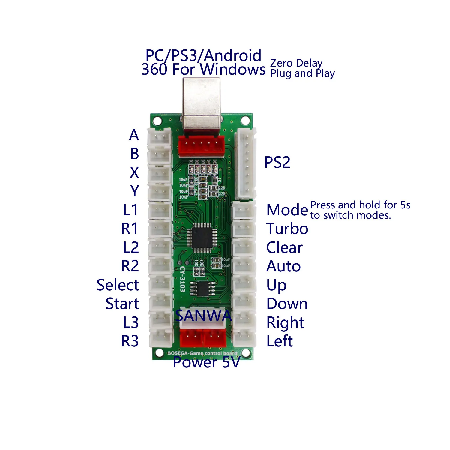 SJ @ JX аркадный USB кодировщик ПК PS3 Android питания 5 В Нулевая задержка джойстик