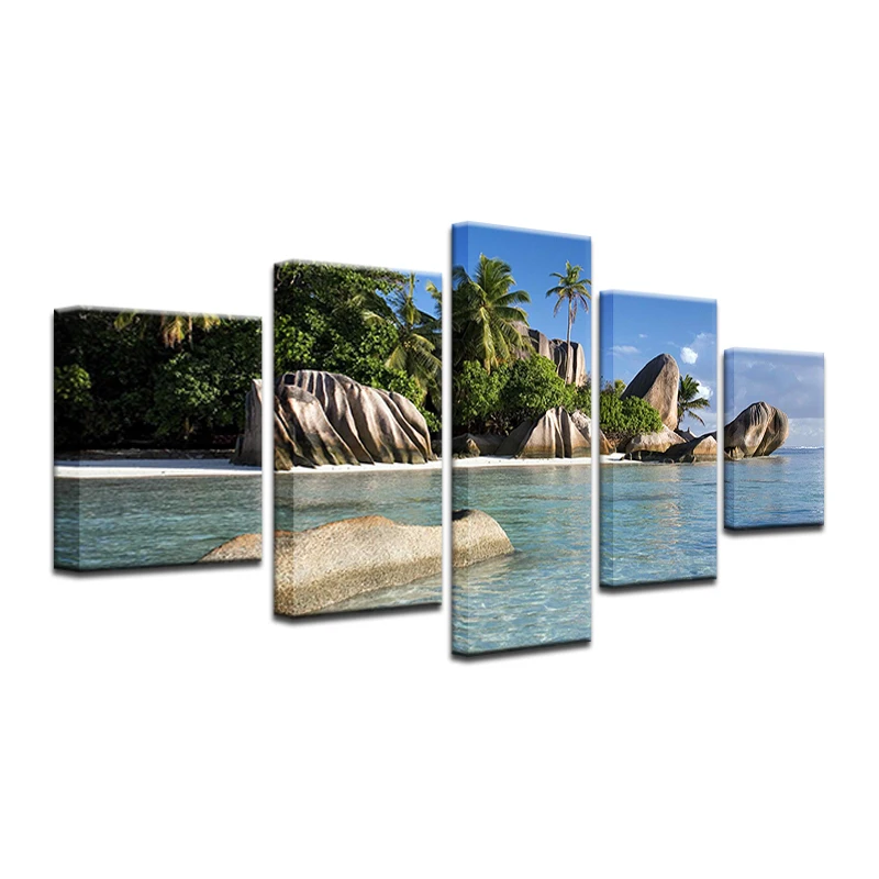 Living Room Home Decor Wall Art Picture Printed Azure Sky Ocean White Clouds Coconut Tree Stone Painting On Canvas | Дом и сад