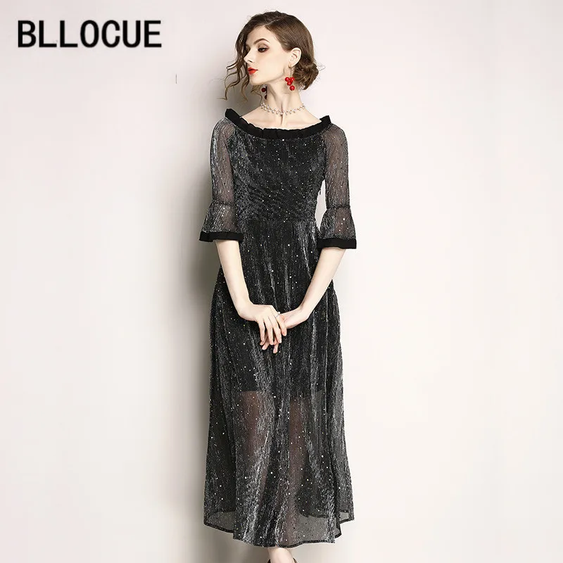 BLLOCUE Fashion Designer Runway Dress 2018 Summer Women's Half Sleeve Sequined Elegant Slash neck Party | Женская одежда