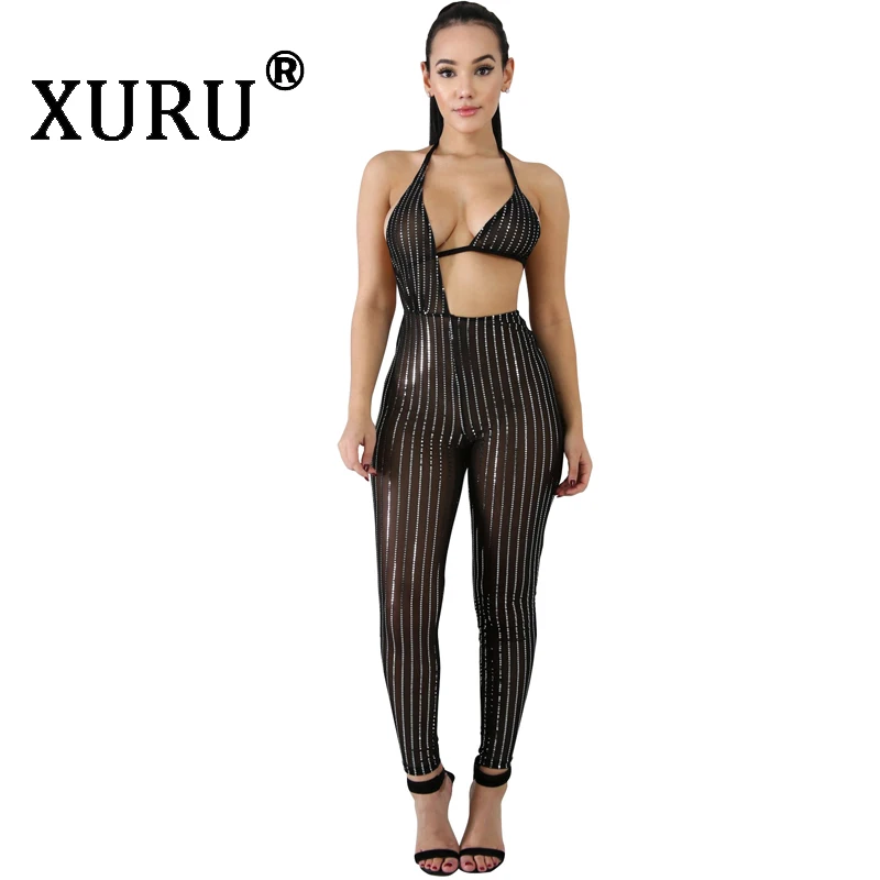 

XURU summer new women's sexy sequins jumpsuit wrapped chest mesh seers jumpsuit white black tight-fitting jumpsuit