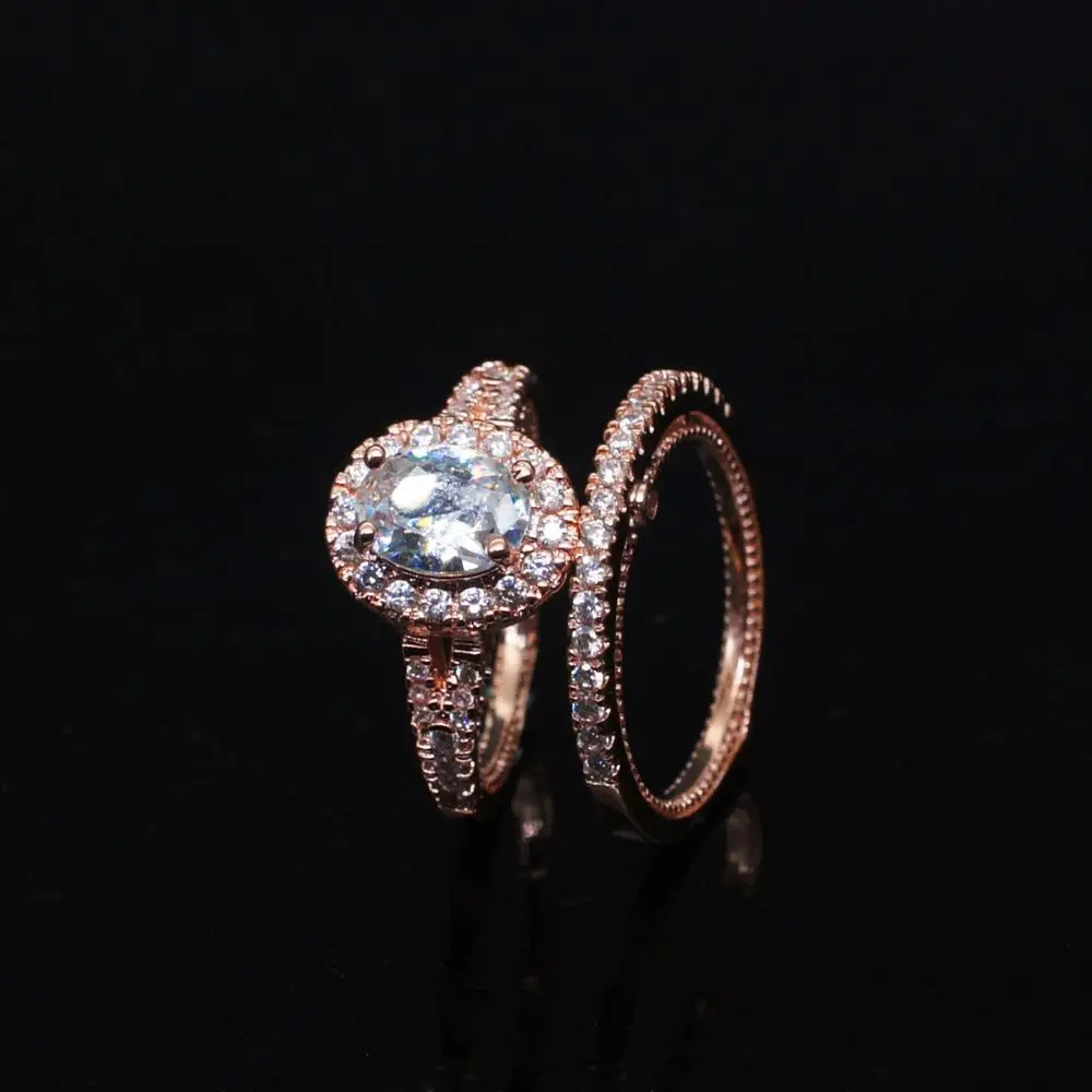 

Cute Female White Bridal Ring Set Fashion 14K Rose Gold Wedding Band Jewelry Promise Love Oval Engagement Rings For Women