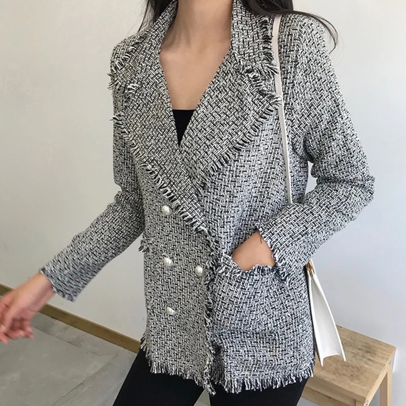 PERHAPS U women black pink plaid tweed outerwear pocket button turn down collar tassel burr blazer C0099 |