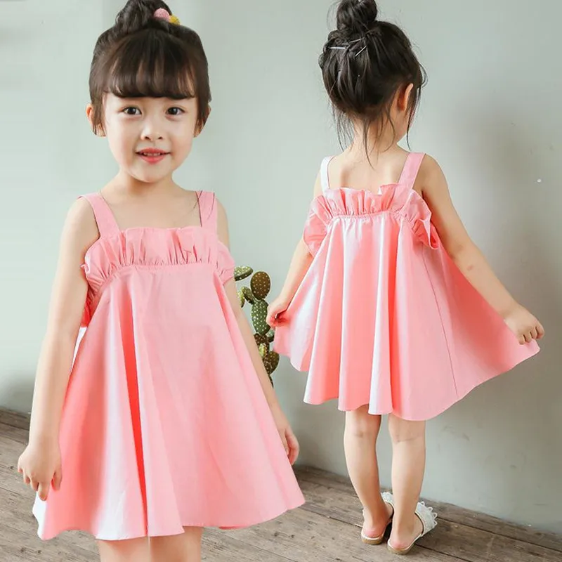 DFXD Toddler Girls Clothing Kids Summer Dress 2018 New Soild Pink/Yellow Sleeveless Strap Birthday Party Baby Beach | Детская одежда и