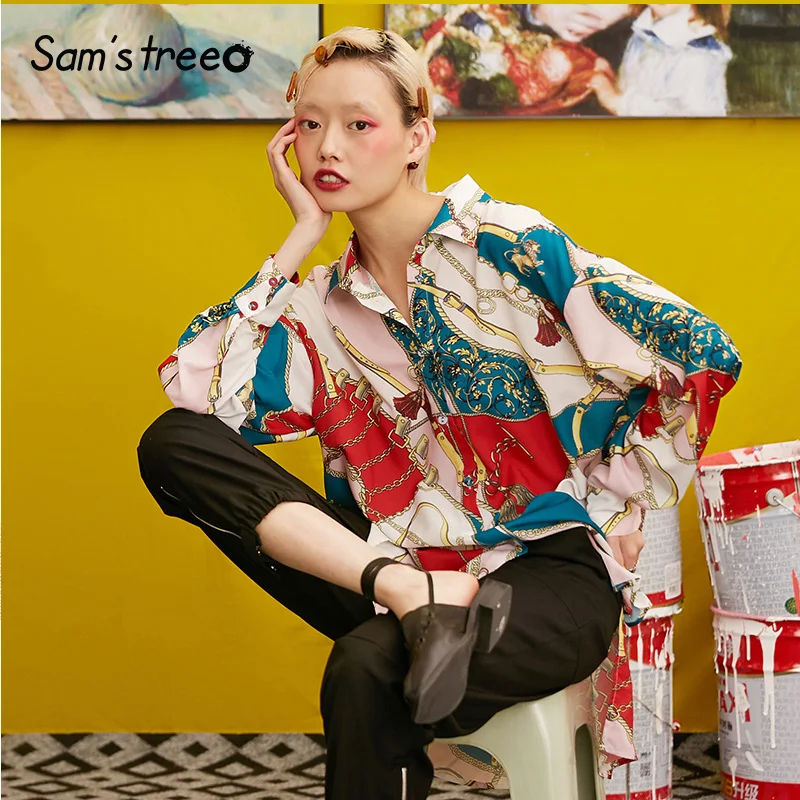 Samstree/женские рубашки с винтажным принтом; осень года; свободные женские блузки в Корейском стиле с длинным рукавом; модные повседневные женские шифоновые топы для офиса